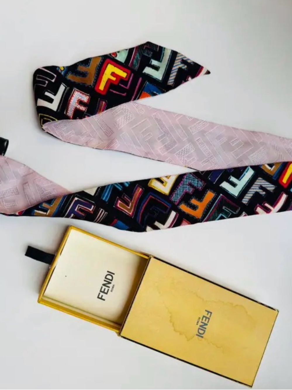 Fendi Multicolor Logo Silk Twilly with Pink Reverse